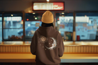 Sun and moon hoodie with celestial design