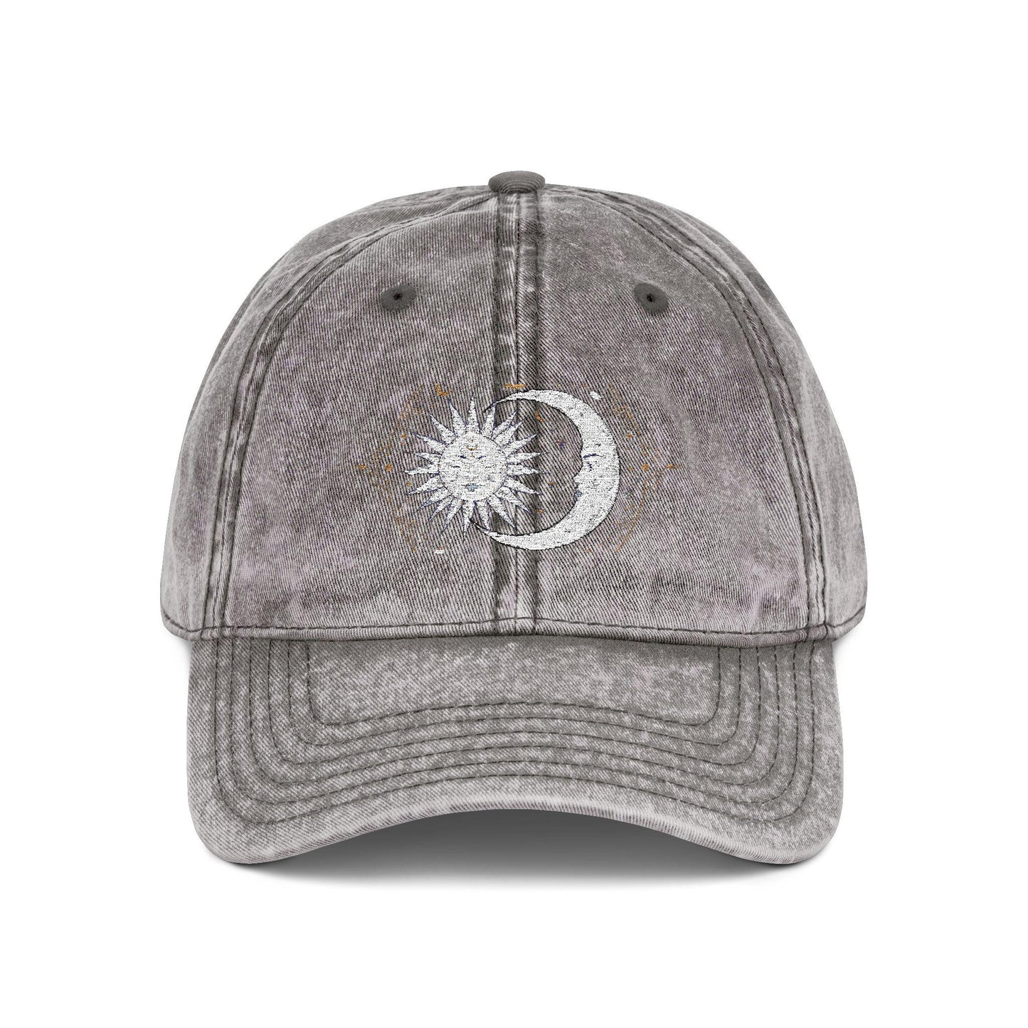 Vintage celestial cap with embroidered sun and moon