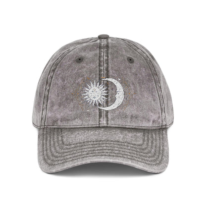 Vintage celestial cap with embroidered sun and moon