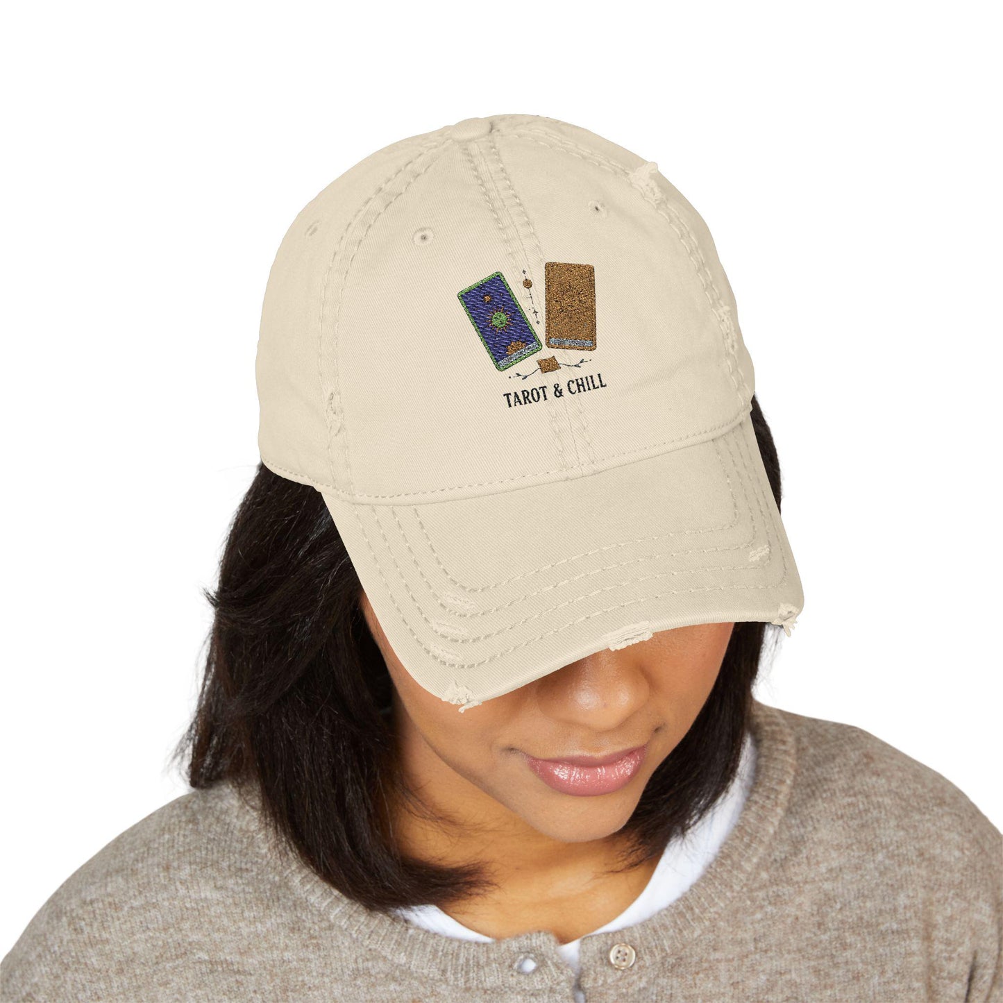 Tarot and Chill distressed cap with stitched design