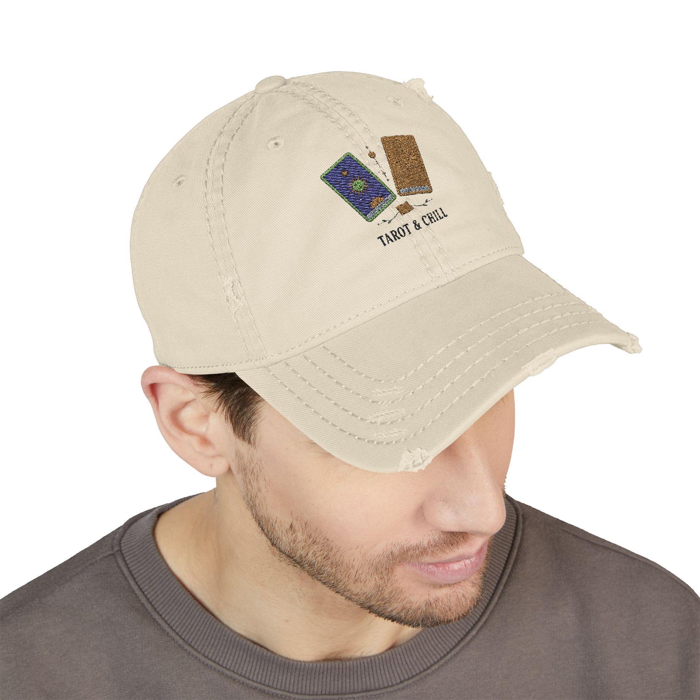 Tarot and Chill distressed cap with stitched design
