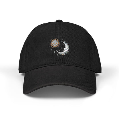 Denim baseball cap with sun and moon design