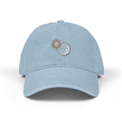 Denim baseball cap with sun and moon design