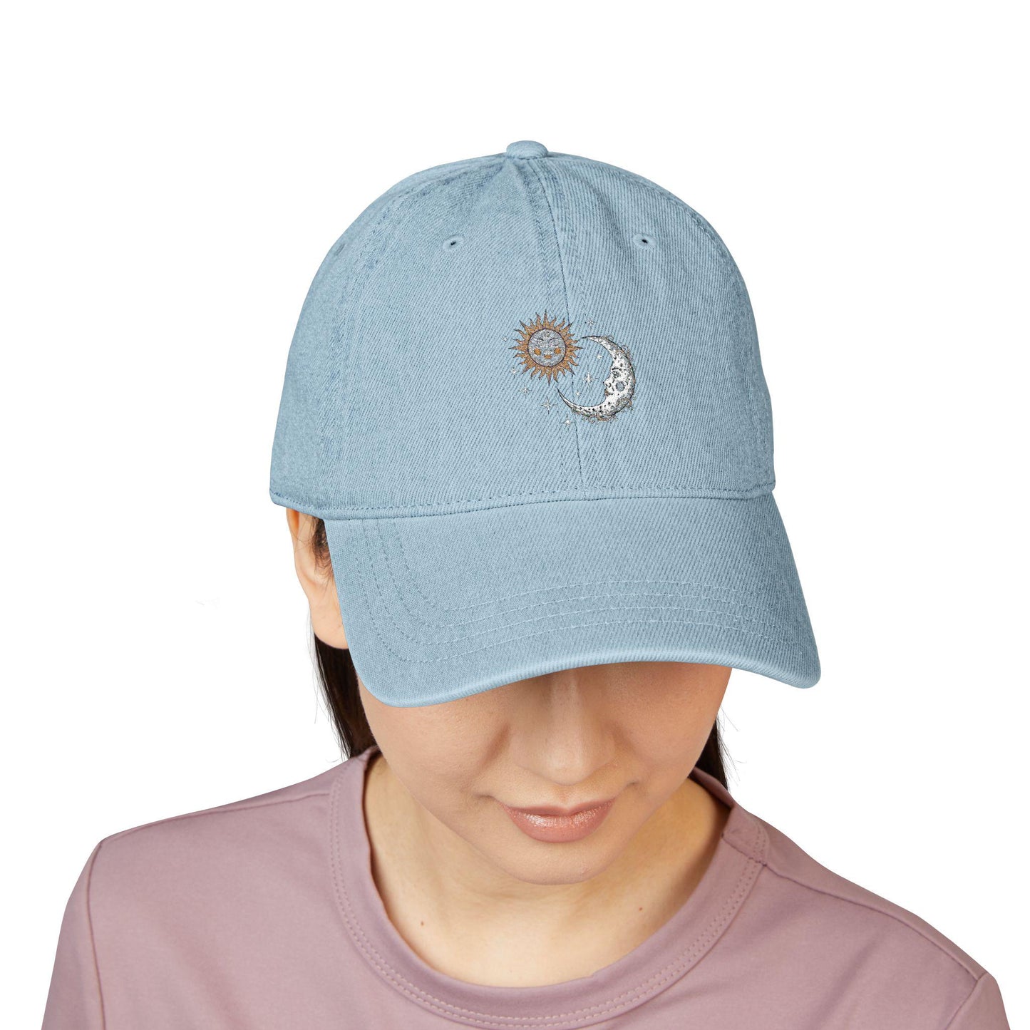 Denim baseball cap with sun and moon design