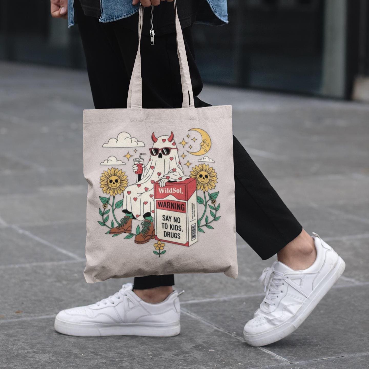 Ghost and flower tote bag with quirky design