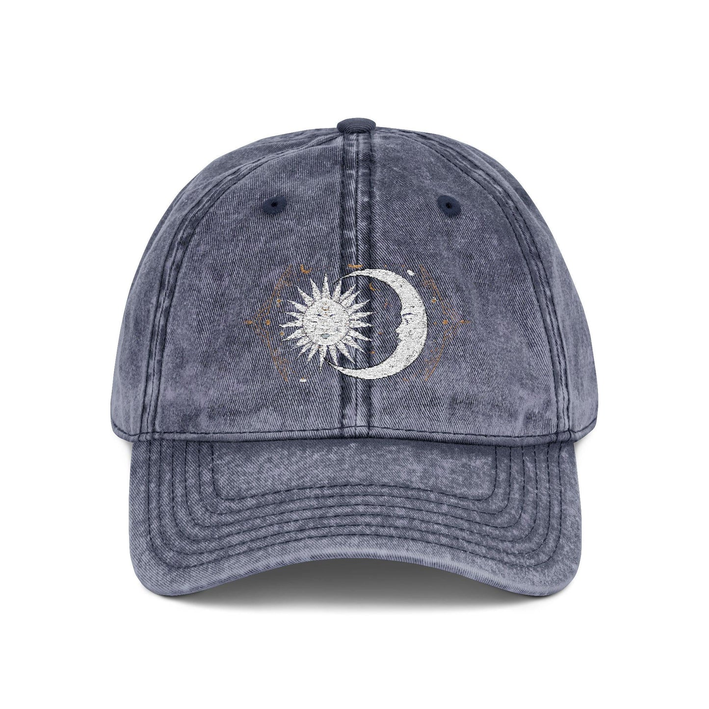 Vintage celestial cap with embroidered sun and moon
