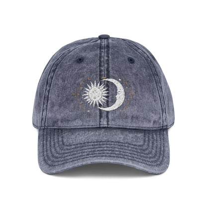 Vintage celestial cap with embroidered sun and moon