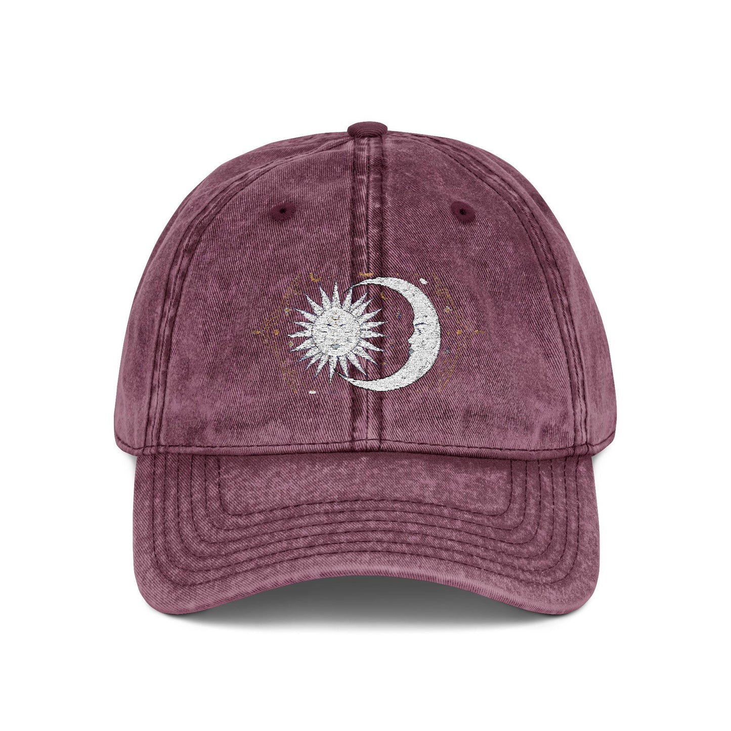 Vintage celestial cap with embroidered sun and moon