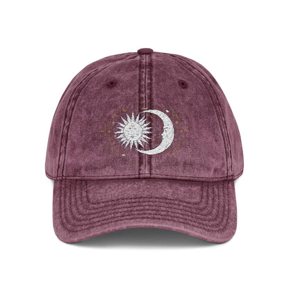Vintage celestial cap with embroidered sun and moon