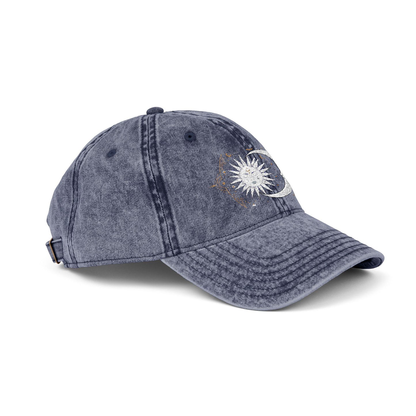 Vintage celestial cap with embroidered sun and moon