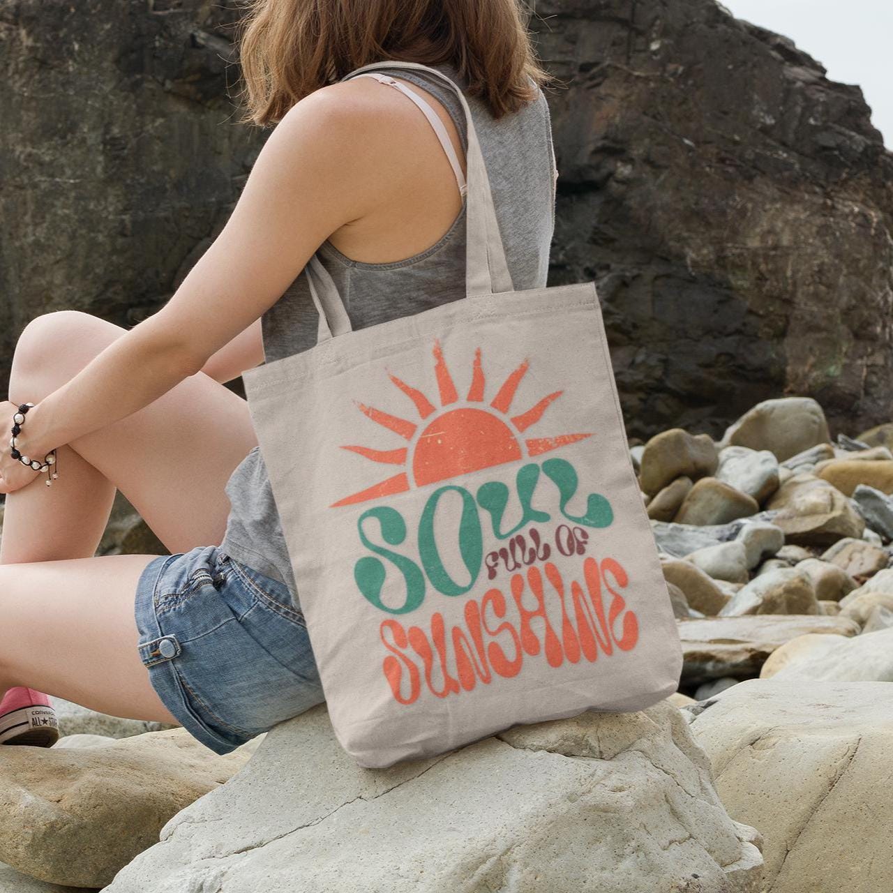 Soul of Sunshine cotton tote with boho floral art