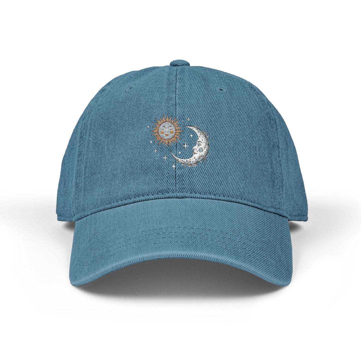 Denim baseball cap with sun and moon design