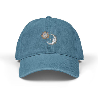 Denim baseball cap with sun and moon design
