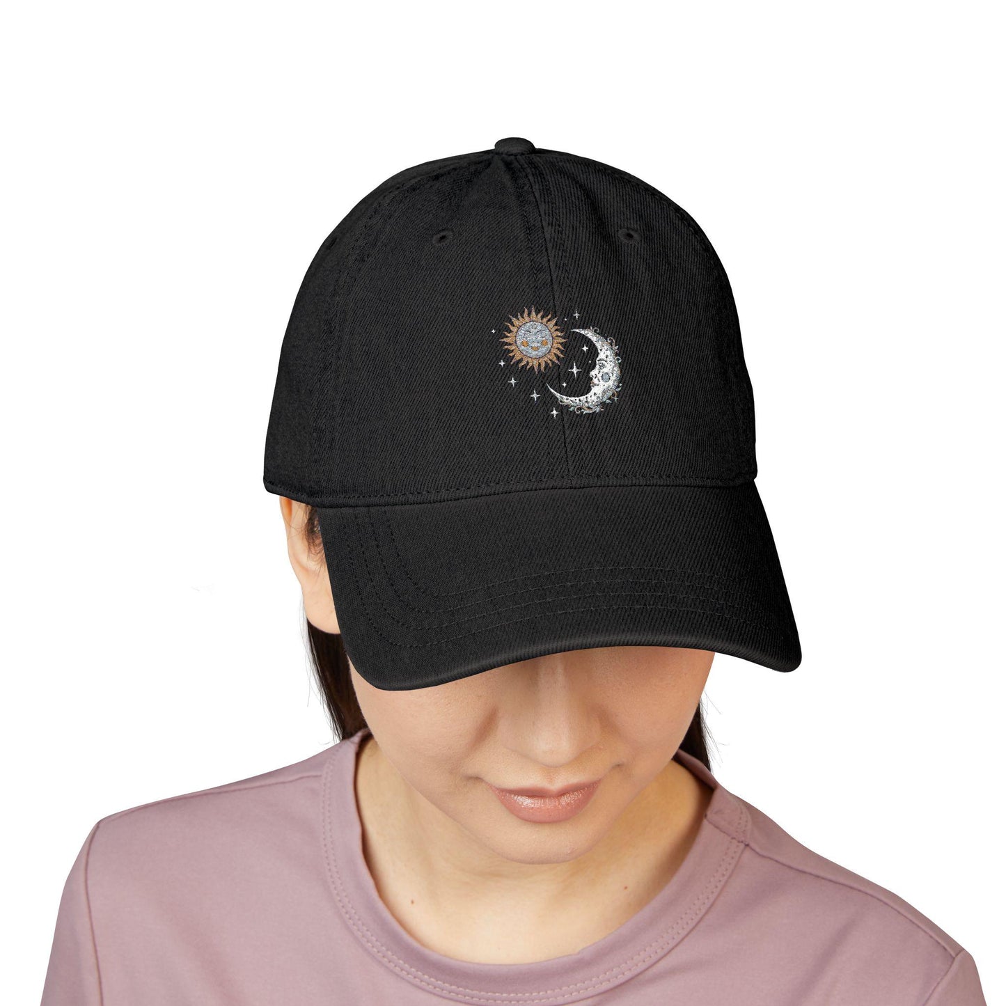 Denim baseball cap with sun and moon design