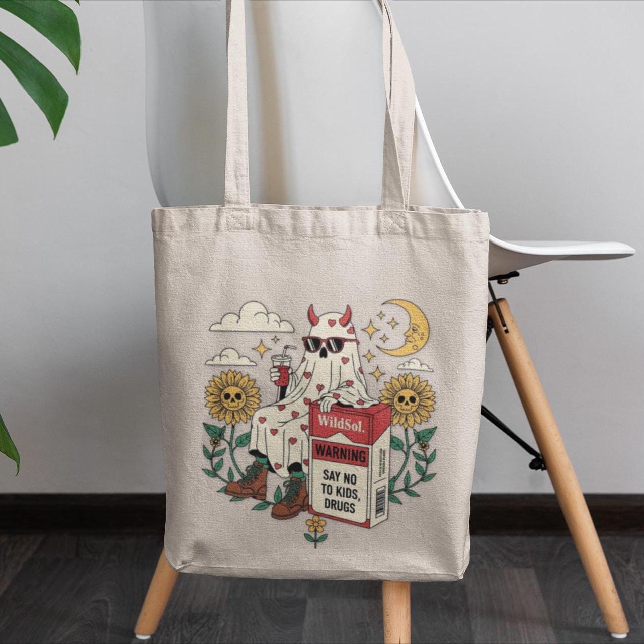 Ghost and flower tote bag with quirky design